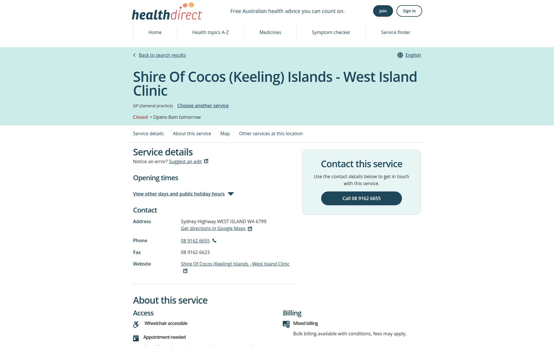 healthdirect.gov.au 主页截图
