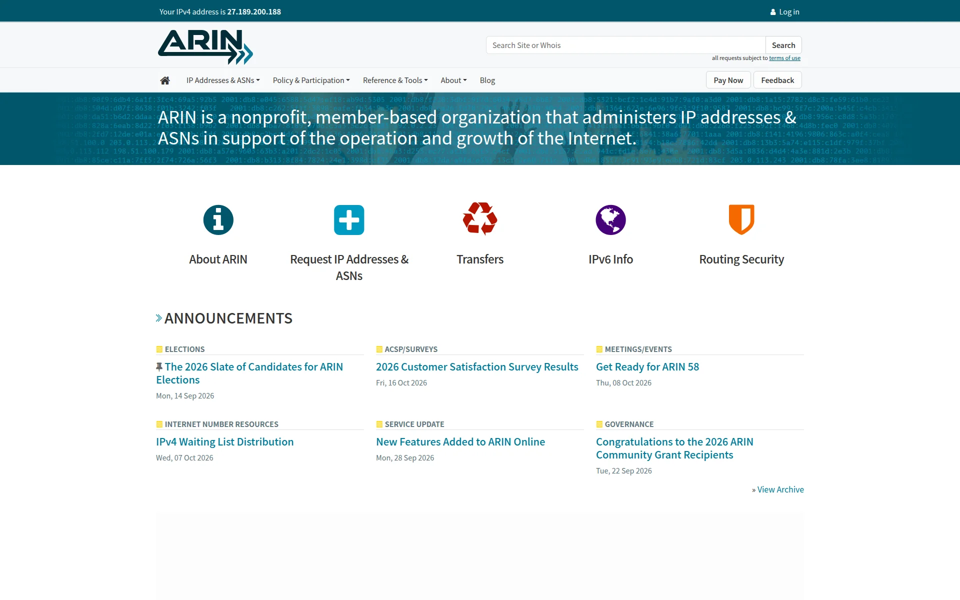 arin.net 主页截图